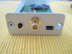 ESPSDServer Rückseite mit SMA-Buchse und Durchbruch für Spannungszuführung über USB-miniB-Buchse und den Reset-Taster.
